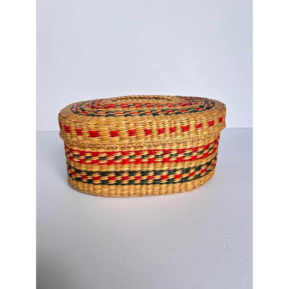 Vintage Handwoven Sweetgrass Oval Basket with Lid | Red and Green Woven Accents